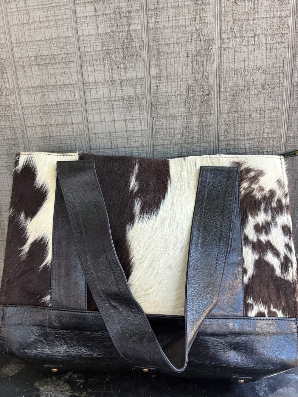 Cowhide Panel Leather Shoulder Tote in Black and White